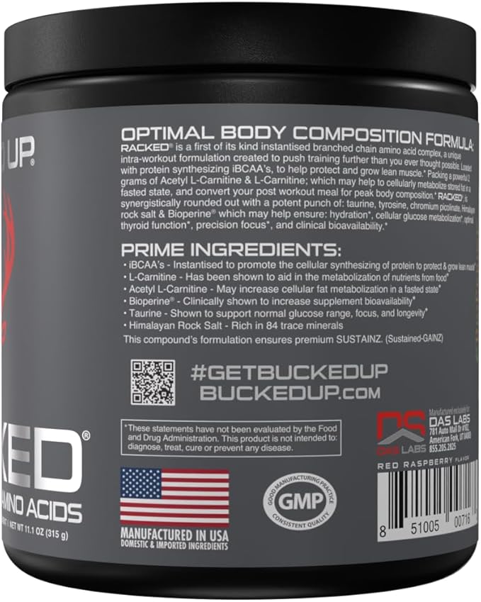 Bucked Up- BCAA RACKED™ Branch Chained Amino Acids | L-Carnitine, Acetyl L-Carnitine, GBB | Post Workout Recovery, Protein Synthesis, Lean Muscle BCAAs That You Can Feel! 30 Servings (Blood Raz)