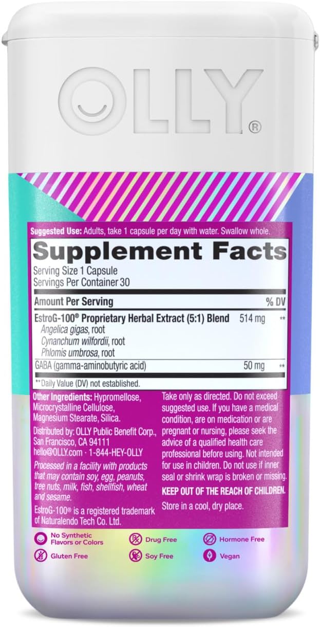OLLY Mellow Menopause Supplements for Women, Supports Hot Flashes, Vaginal Dryness & Occasional Mood Swings,* Estro-G100®, GABA, Vegan Capsules, 1 Month Supply - 30 Count