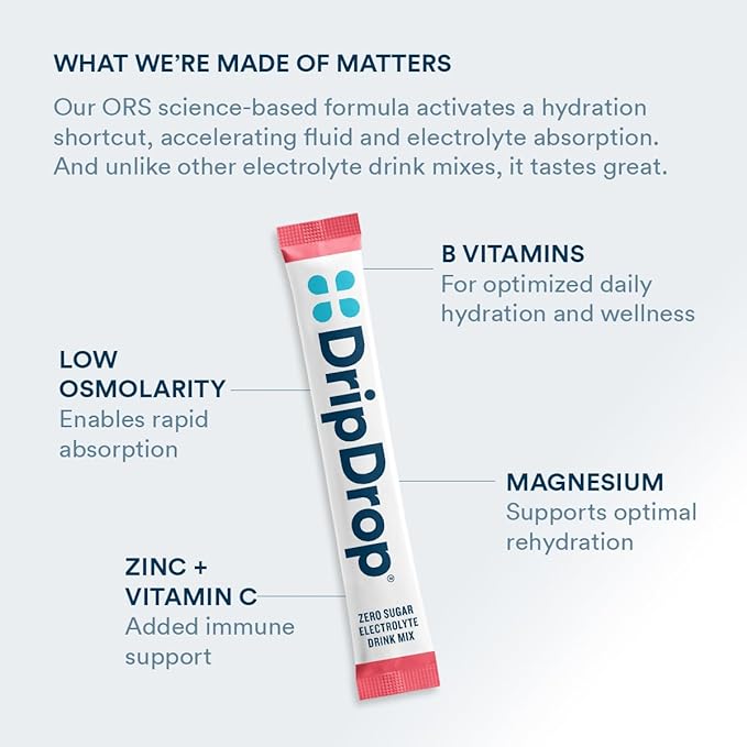DripDrop Hydration - Zero Sugar Variety Pack - Electrolyte Drink Mix Hydration Powder Packets - Lemon Lime, Watermelon, Peach, Passion Fruit | Non-GMO, Gluten Free, Vegan | 32 Sticks