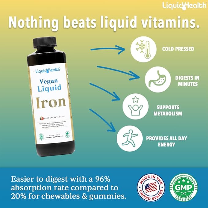LIQUIDHEALTH Vegan Liquid Iron Supplement with SunActive & Ferrochel Iron - Natural Energy, Immune System & Metabolic Support, Increase Mental Clarity, Prenatal/Postnatal - Non-GMO, Sugar Free (16 oz)
