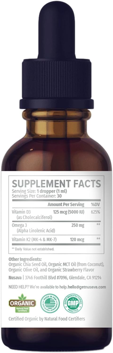 (4 Pack) Organic Vitamin D3 K2 Drops with MCT Oil Omega 3, 5000 IU - Maximum Strength Vitamin D Liquid, No Fillers, Non-GMO Liquid D3 for Faster Absorption and Immune Support (Strawberry, 4 Fl Oz)