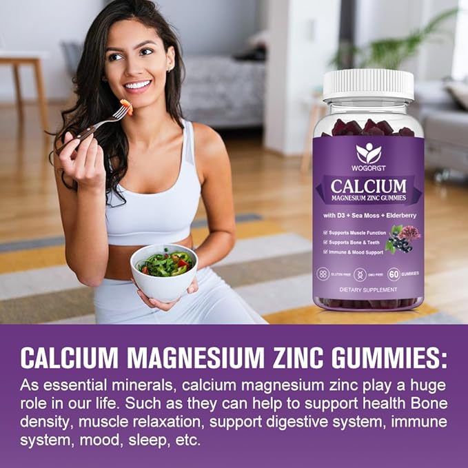 Calcium Magnesium Zinc Gummies with Vitamin D3 - High Absorption Complex Calcium Supplement with Sea Moss, Elderberry for Bone, Muscles, Immune, Mood & Sleep Support, Vegan - 60 Gummies (2 Pack)