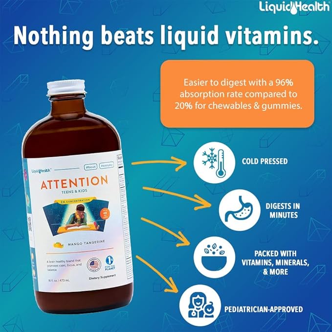 LIQUIDHEALTH Attention Liquid Multivitamin for Kids & Teens - Improves Memory Retention, Concentration, Focus, Mood, Relaxation & Calming - Great Taste, Vegan, Sugar-Free (16 oz)