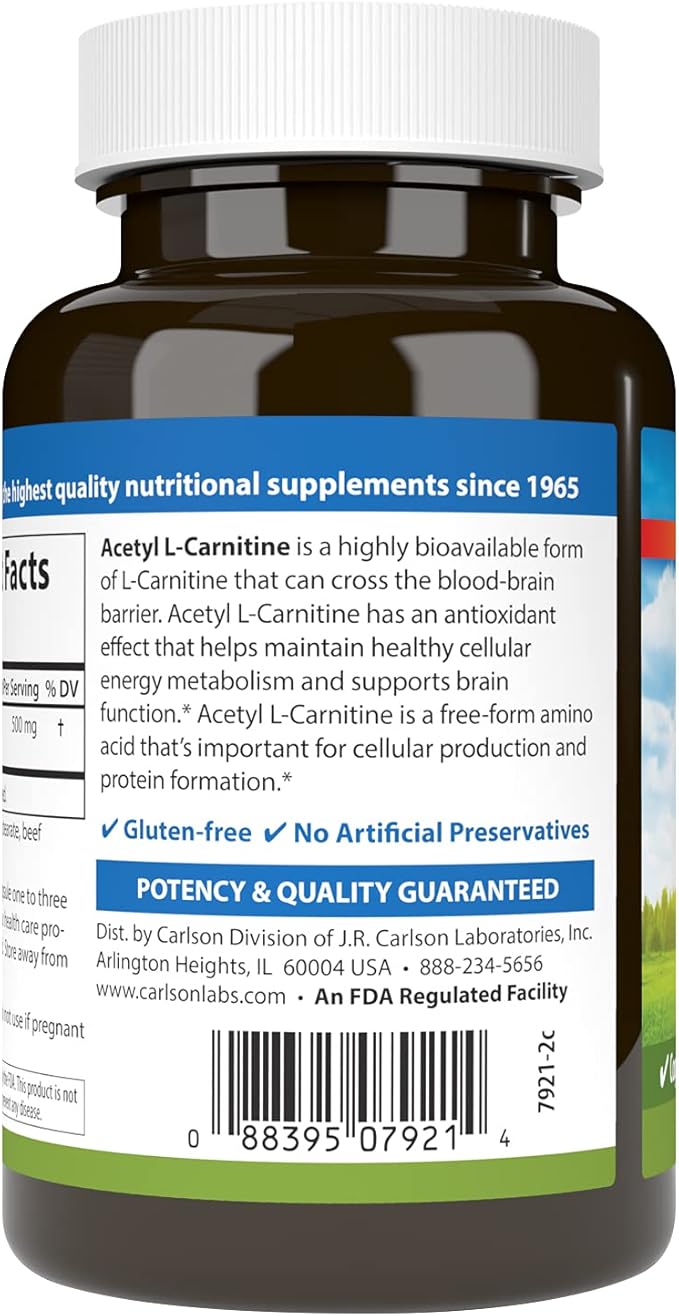 Carlson - Acetyl L-Carnitine, 500 mg, Cognitive Health, Brain Function & Energy Production, 120 Capsules