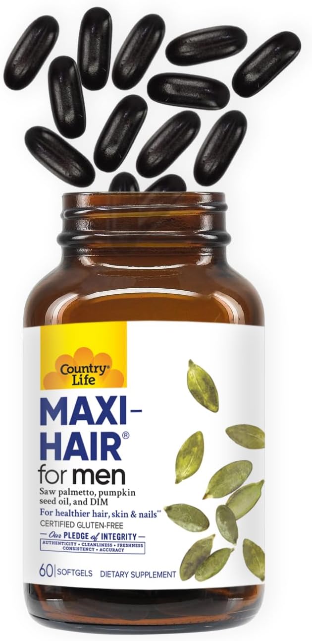 Country Life Maxi-Hair for Men - 2000mcg Biotin, Saw Palmetto, Pumpkin Seed Oil, DIM, Potassium, Magnesium, Calcium & Zinc Blend - Supports Healthier Hair, Scalp, Skin & Nails, 60 Vegan Capsules
