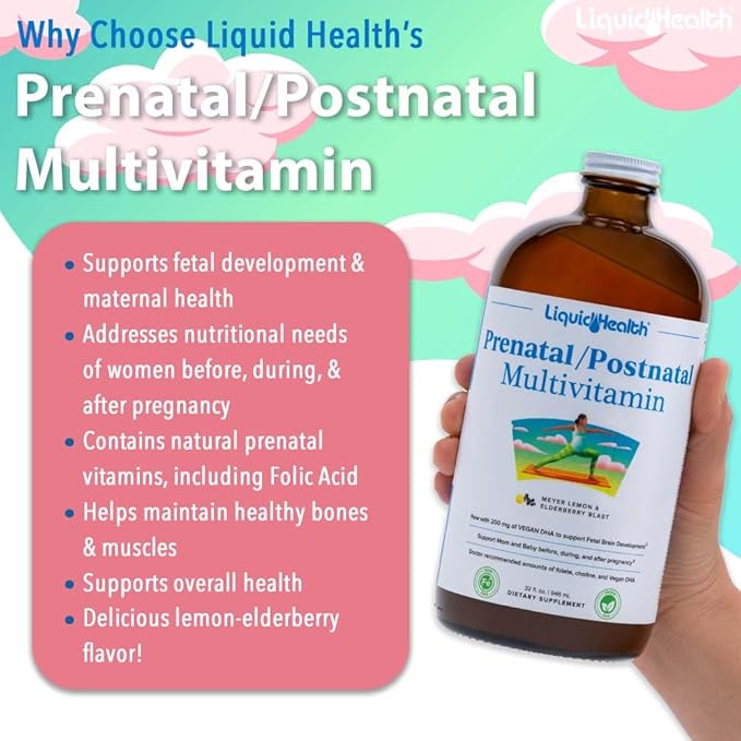 LIQUIDHEALTH Prenatal/Postnatal Multiple Liquid Women's Multivitamin with Real Folate - Pre & Postnatal Vitamins for Before, During, After Pregnancy - Vegan, Sugar-Free, Non GMO, Great Taste (32 oz)