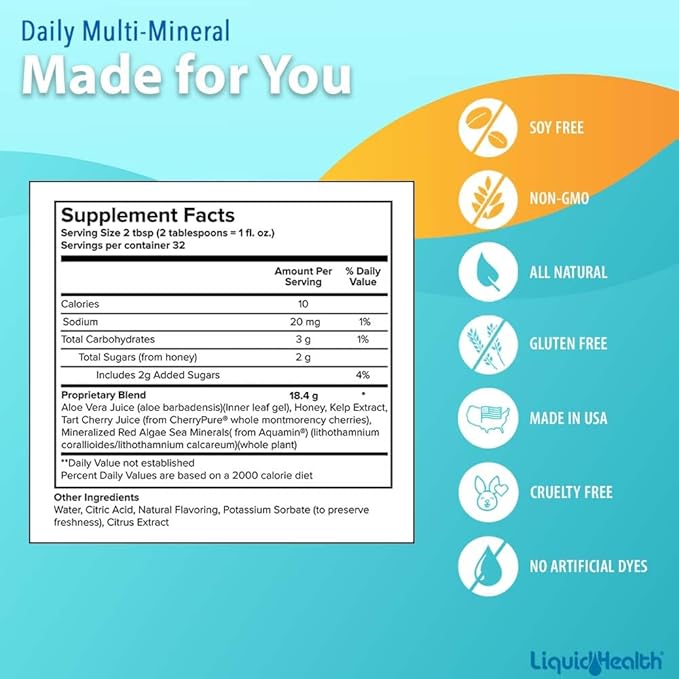 LIQUIDHEALTH Daily Multi Mineral Liquid Supplement with Fulvic Acid, Plant Based Ionic Aquamin Sea Trace Ocean Minerals - Immune Support, Energy, Gut Health, Detox - Vegetarian, Sugar-Free (3 Pack)