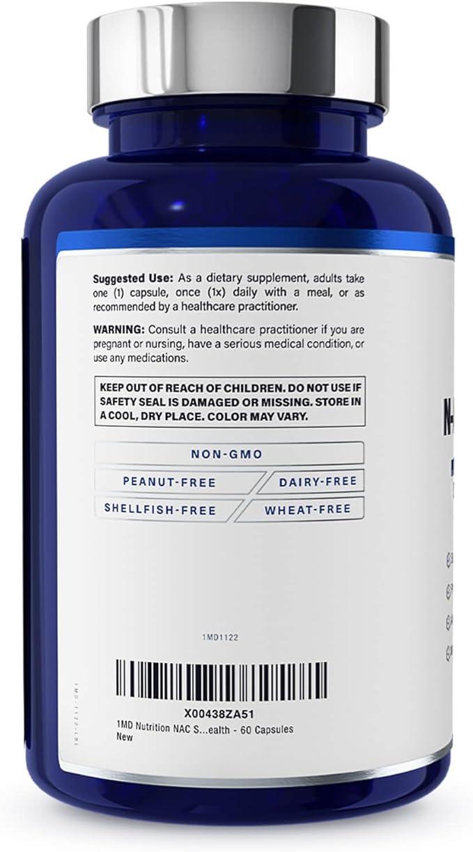 1MD Nutrition NAC Supplement N-Acetyl Cysteine - NAC 600 mg - Antioxidant Supplement Supports Detox and Glutathione Production - N Acetylcysteine Respiratory Supplement for Lung Health - 60 Capsules