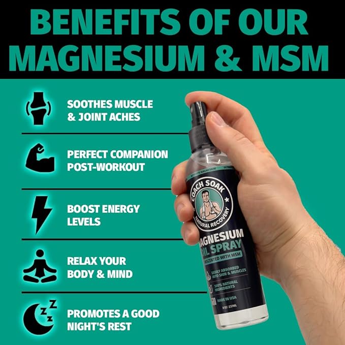 Coach Soak Magnesium Body Spray with MSM, Unscented, Extra Strength Magnesium Chloride, Pure Topical Magnesium Oil Spray for Feet & Body, Made in USA