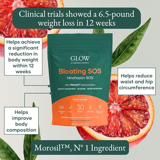 Glow Bloating SOS Powder, 4.23 Oz, Bloating Relief for Women with Morosil & Digestive Enzymes, for Water Retention, Metabolism, Gut Health & Immune Support, Hormone-Free, Citrus Orange