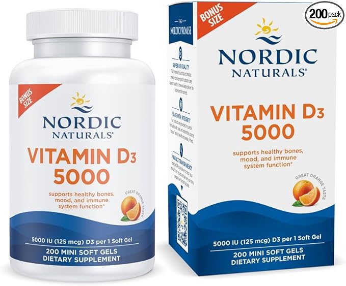 Nordic Naturals Vitamin D3 5000, Orange - 200 Mini Soft Gels - Support for Healthy Bones, Mood, & Immune System - Vegetarian - Non-GMO - 200 Servings