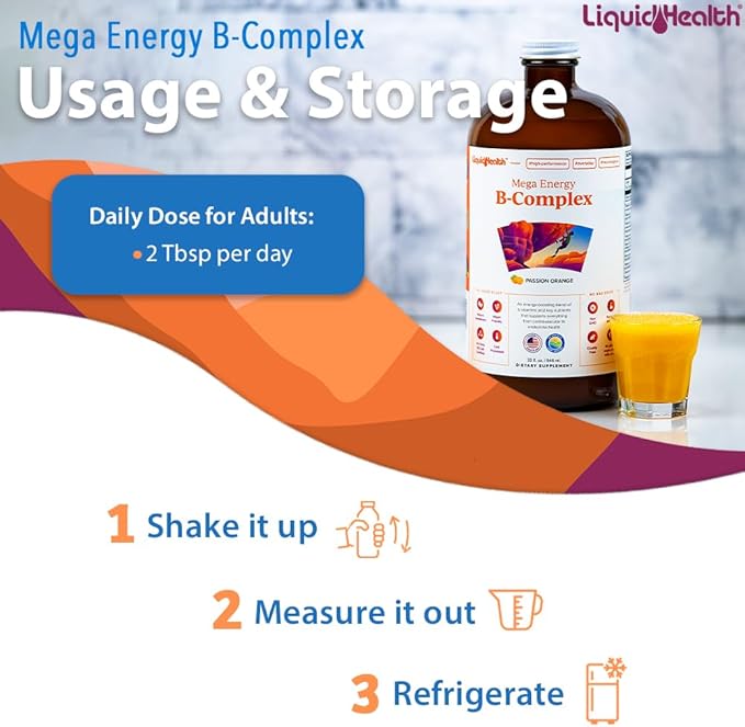 LIQUIDHEALTH Mega Energy Methylated B-Complex, Adult Liquid Vitamin Supplement - Increase Energy, Relieve Stress & Fatigue, Immune System Support, Heart & Gut Health - Vegan, Sugar-Free (3 Pack)