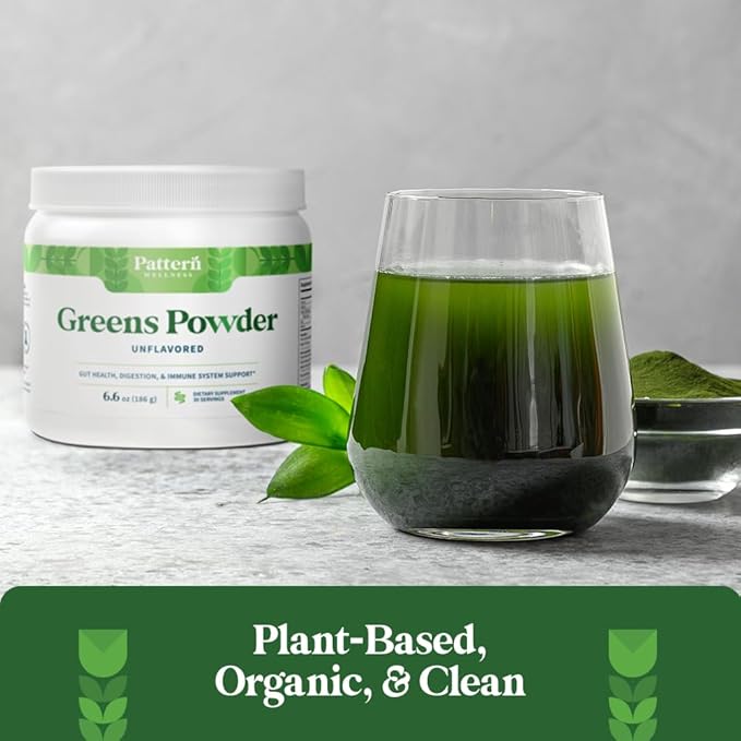 Pattern Wellness Greens Powder Superfood - Complete with Antioxidant, Digestive Enzyme, Fiber, Probiotic, & Adaptogen Blends - Gut, Digestion, & Immune System - 30 Servings - 8.6 oz (Wildberry Flavor)