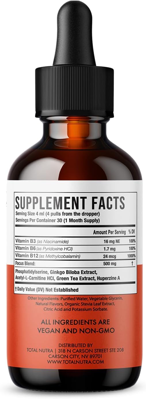 Extra Strength Liquid B12 Vitamin Drops- Vitamins B12, B6, B3- Vegan and Non GMO- Instant Energy, Focus & Metabolism Support with Green Tea, Carnitine & Ginkgo Biloba- Alternative to B Complex Capsule