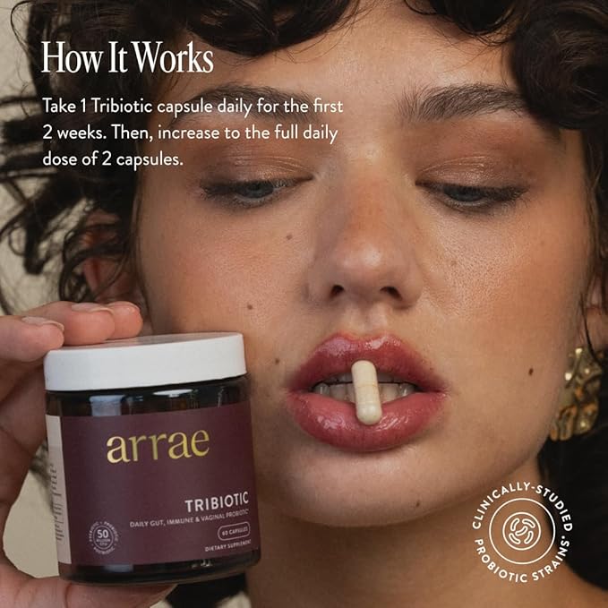 Arrae Tribiotic, Probiotics for Women, Support for Vaginal pH Balance, Gut, Immune, and Feminine Health, Prebiotics, Probiotics, Postbiotics, 60 Count