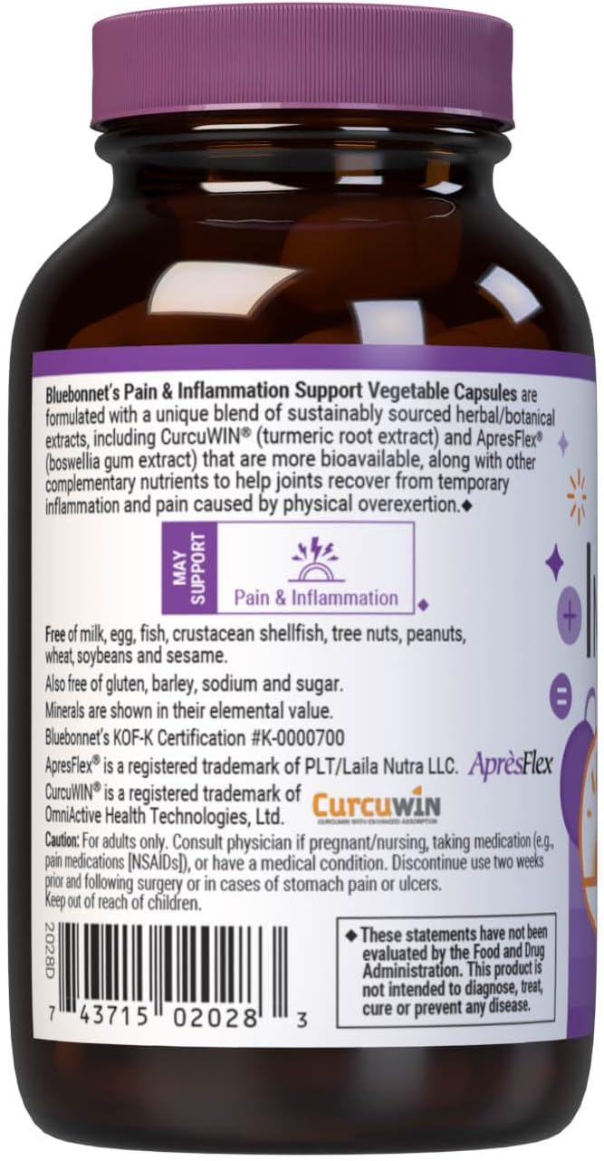 Bluebonnet Nutrition Pain & Inflammation Support, for Temporary Physical Overexertion*, Non-GMO, Vegan, Kosher Certified, Gluten-Free, Soy-Free, Dairy-Free, 30 Vegetable Capsules, 30 Servings