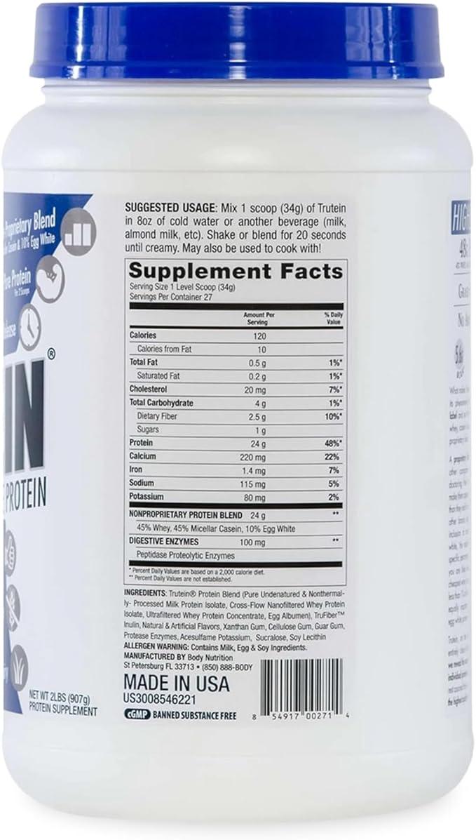 Body Nutrition Trutein High Protein Powder: 45% Whey, 45% Casein, 10% Egg White Protein Shake Mix, Gluten-Free, Low Sodium, Low Carb Protein Supplement Powder for Men & Women, Birthday Cake, 2lb