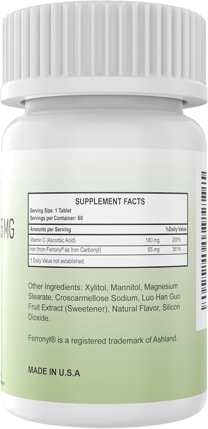 Chewable Iron Carbonyl 65 mg with Vitamin C 180 mg (for Women/Men) - Tablet in Pineapple Flavor 60 Count (1)