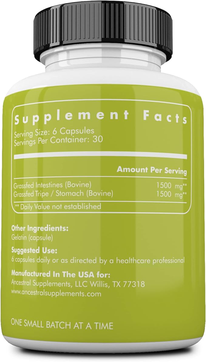 Ancestral Supplements Grass Fed Beef Intestines with Stomach (Tripe), 3000mg, Digestion Supplement Supports Acid Reflux and Gut, Intestine and Digestive Health, Non GMO, 180 Capsules