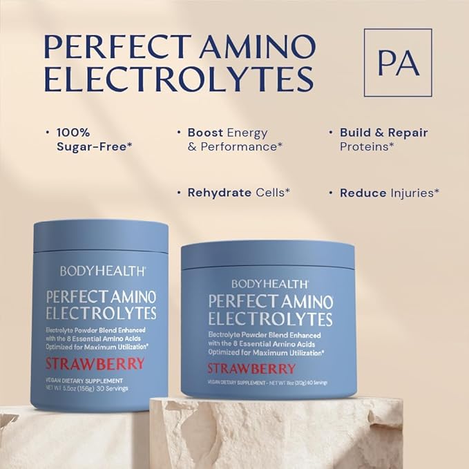 BodyHealth PerfectAmino Electrolytes Powder, Hydration Powder, Sugar Free Electrolyte Drink Mix, Keto Electrolytes Powder, Non GMO, Strawberry Flavor (60 Servings)