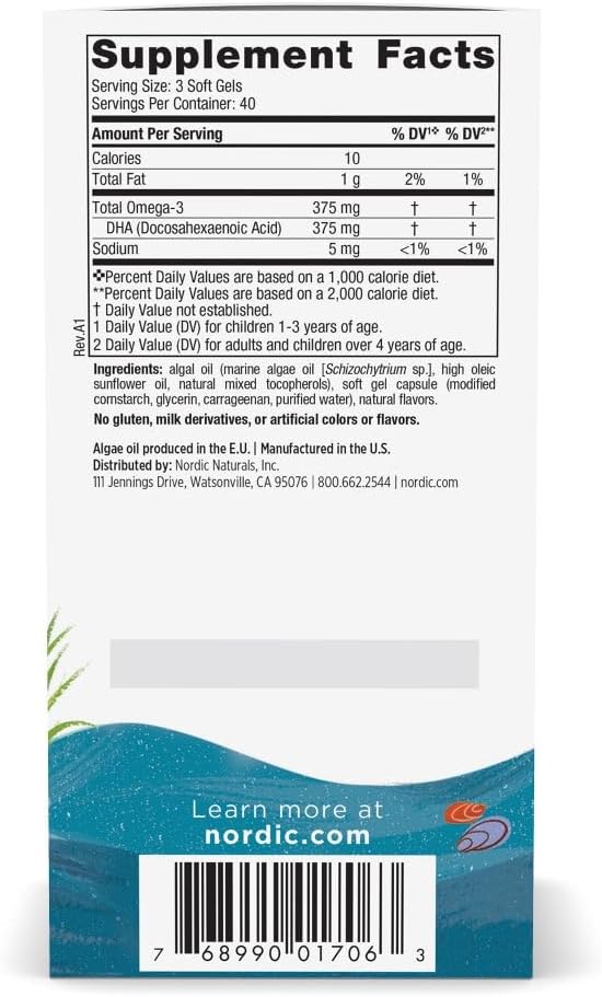 Nordic Naturals Children's DHA Vegetarian - Kids DHA Omega-3 Supplement -Algae Oil - Berry Lemonade Mini Chewables - Plant-Based Formula for Ages 3+ - 120 Soft Gels - 40 Servings