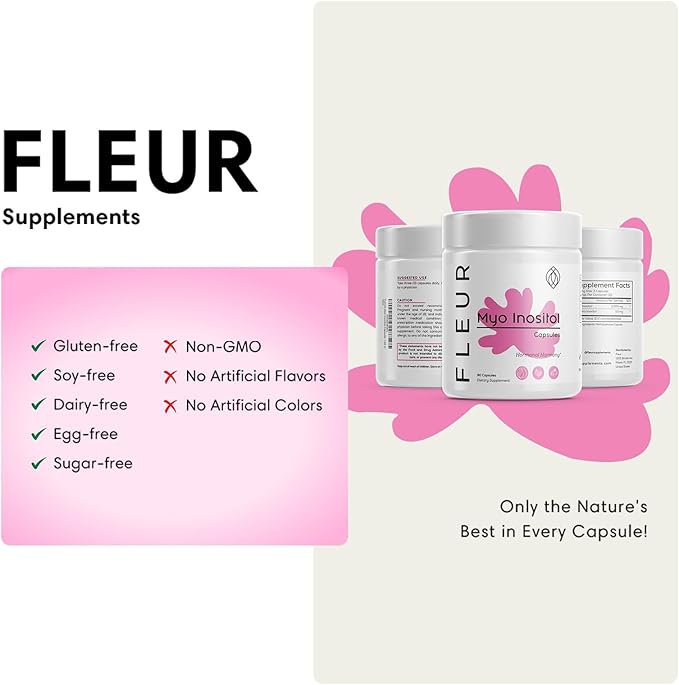 FLEUR Myo-Inositol & D-Chiro Inositol Capsules, Hormone Balance and Ovarian Function Support for Women, Inositol for PCOS Symptom Relief, Regulates Menstrual Cycle, Non-GMO & Vegan, 90 Capsules