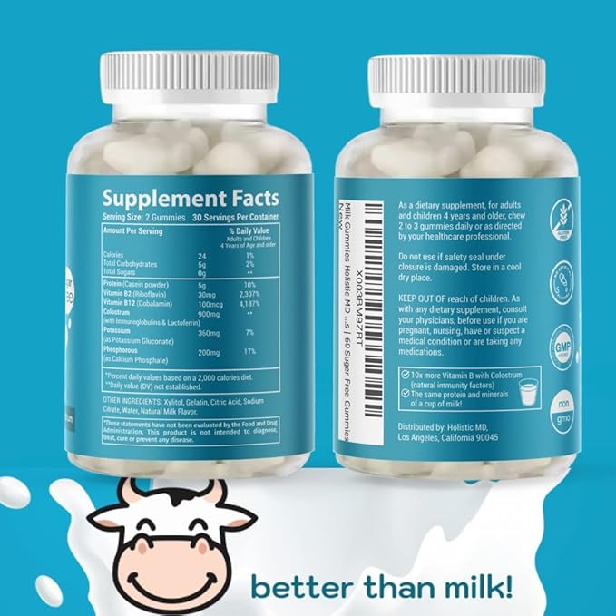 Colostrum Gummies for Kids Adults Elderly | Colostrum Milk Protein Gummies with Vitamin B Complex | Sugar Free 60 ct
