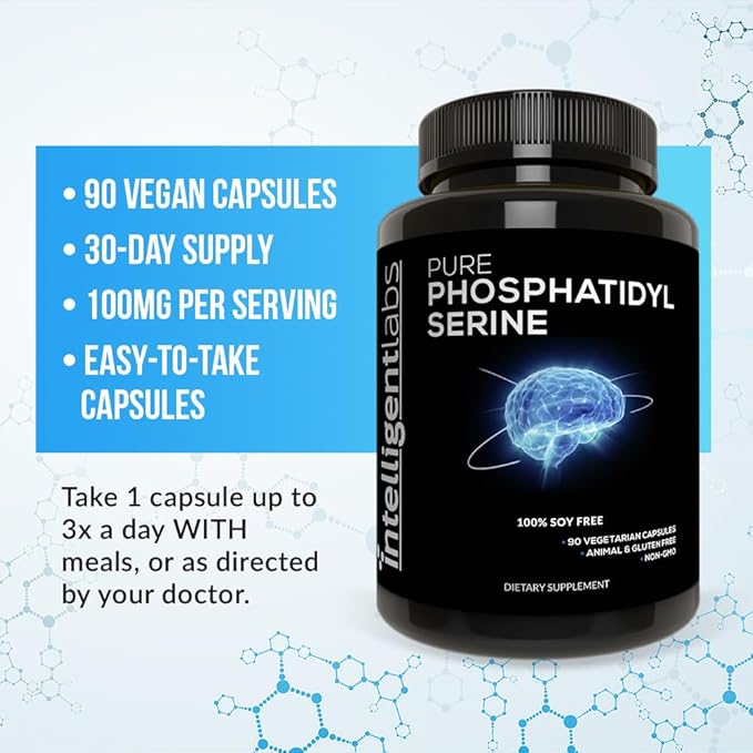 Intelligent Labs Phosphatidylserine Supplement 100mg, 90 High Strength Capsules, 100% Soy and Allergen-Free, Pure Phosphatidylserine from Sunflower Lecithin