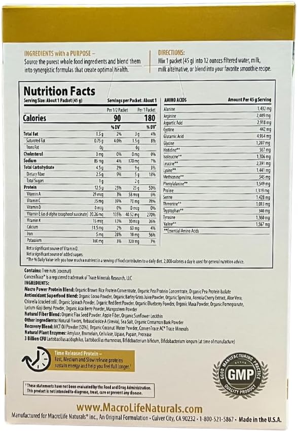 MacroLife Naturals MacroMeal Vegan Chocolate Superfood Supplement Powder Protein + Greens, Probiotics, Digestive Enzymes, Fiber - Energy, Detox, Immune - Non-GMO, Gluten-Free - 10 Packet Servings
