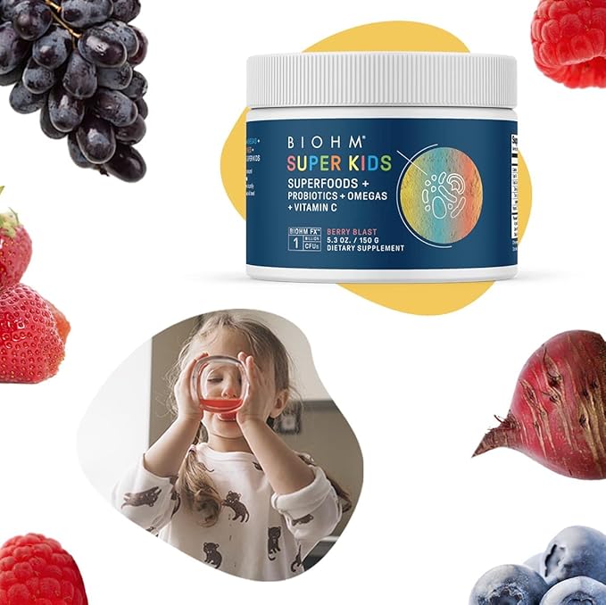 BIOHM Super Kids Superfood Powder Plus Probiotics, (5.3 Oz, 30 Servings) Delicious Berry Blast, Antioxidants, Omega 3 & Vitamin C, Non-GMO, Dairy Free, No Artificial Ingredients, Vegetarian, Ages 4+