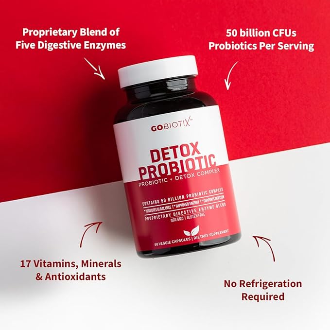 GOBIOTIX Detox Probiotic Supplement for Digestive Health - Milk Thistle, Turmeric, and Dandelion Root, Enzymes for Gut Health - 50 Billion CFU - 60 Capsules