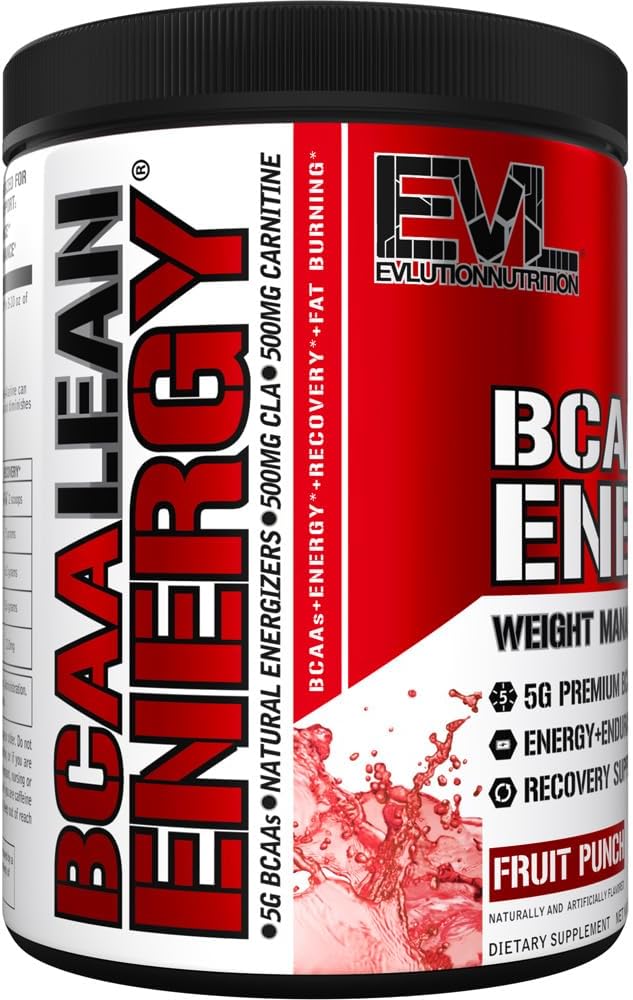 EVL BCAA Lean Energy Powder - Pre Workout Green Tea Fat Burner Support with BCAAs Amino Acids and Clean Energizers - BCAA Powder Post Workout Recovery Drink for Lean Muscle Recovery - Fruit Punch