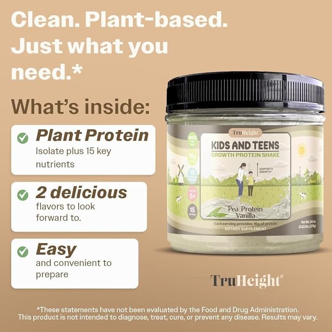 TruHeight Growth Protein Shake (Vanilla Ice Cream Flavor, Plant) Growth & Development Protein Powder for Kids & Teens - Weight Gain Drinks - Endorsed by Pediatricians, Picky Eater Vitamin, Ages 5+