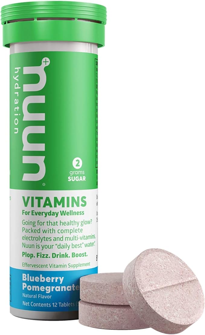 Nuun Hydration Vitamins Electrolyte Tablets, Blueberry Pomegranate, 5 Essential Electrolytes for Hydration + Vitamin A, B6, C, D, E, with Magnesium, Vegan, Non-GMO, 8 Pack (96 Servings)