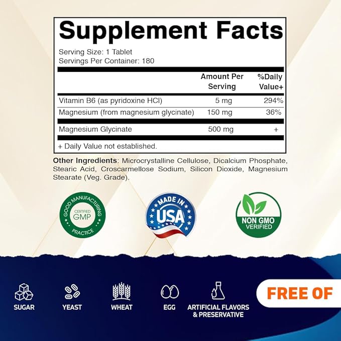 Vitamatic Magnesium Glycinate 500 mg per Tablet – 180 Vegetarian Tablets (Uncoated) with Added Vitamin B6 for Maximum Absorption – Muscle, Joint & Heart Health Support – Non-GMO, Gluten-Free