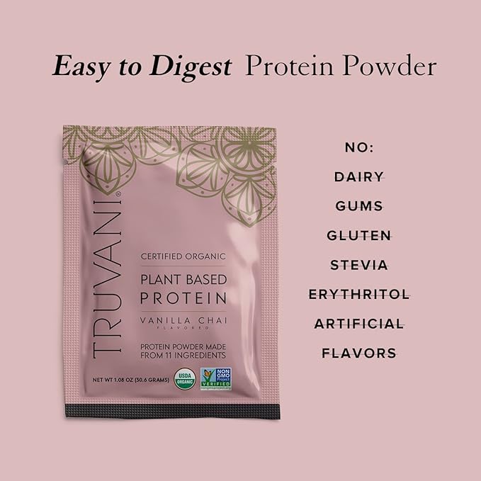 Truvani Vegan Pea Protein Powder | Vanilla Chai | 20g Organic Plant Based Protein | 1 Serving | Keto | Gluten & Dairy Free | Low Carb | No Added Sugar