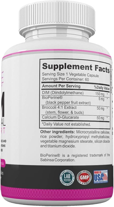 DIM Complex 150mg Hormonal Support Menopause Relief Supplement for Hot Flashes & Hormonal Acne Relief Bioperine, Broccoli & Calcium Estrogen Metabolism Balancing Pills for Women 60 Capsules by LadyMe