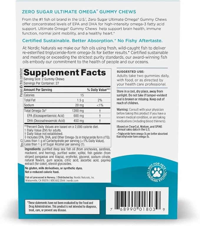 Nordic Naturals Zero Sugar Ultimate Omega Gummy Chews, Tropical Fruit, 54 Gummies, Supports Heart, Brain, and Immune Health, Non-GMO, Vegetarian, 27 Servings