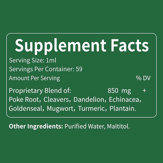 Lymphatic Drainage Drops for Lymph System Support, Body Detox & Immune Defense Support Herbal Supplements with Poke Root(Phytolacca Americana) Cleavers Dandelion Echinacea Extract. 2oz