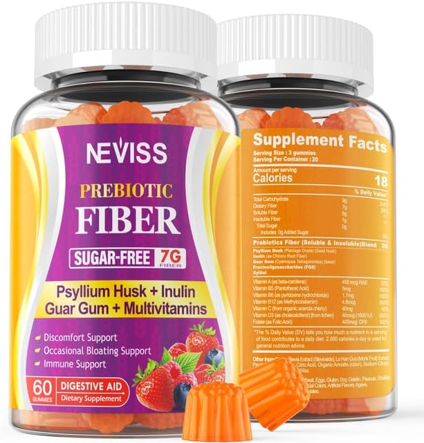 1Pack Prebiotic Fiber Gummies for Adults 7G with Psyllium Husk Fiber , Soluble Fiber + Insoluble Fiber, Inulin, Fos, Multivitamin, Fiber Supplement for Daily Digestive Health,Regularity Gut,Sugar Free