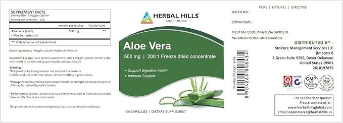 HERBAL HILLS Karela Bitter Melon Capsule and Aloe Vera Capsules Each 120 Count Combo (Pack of 2)