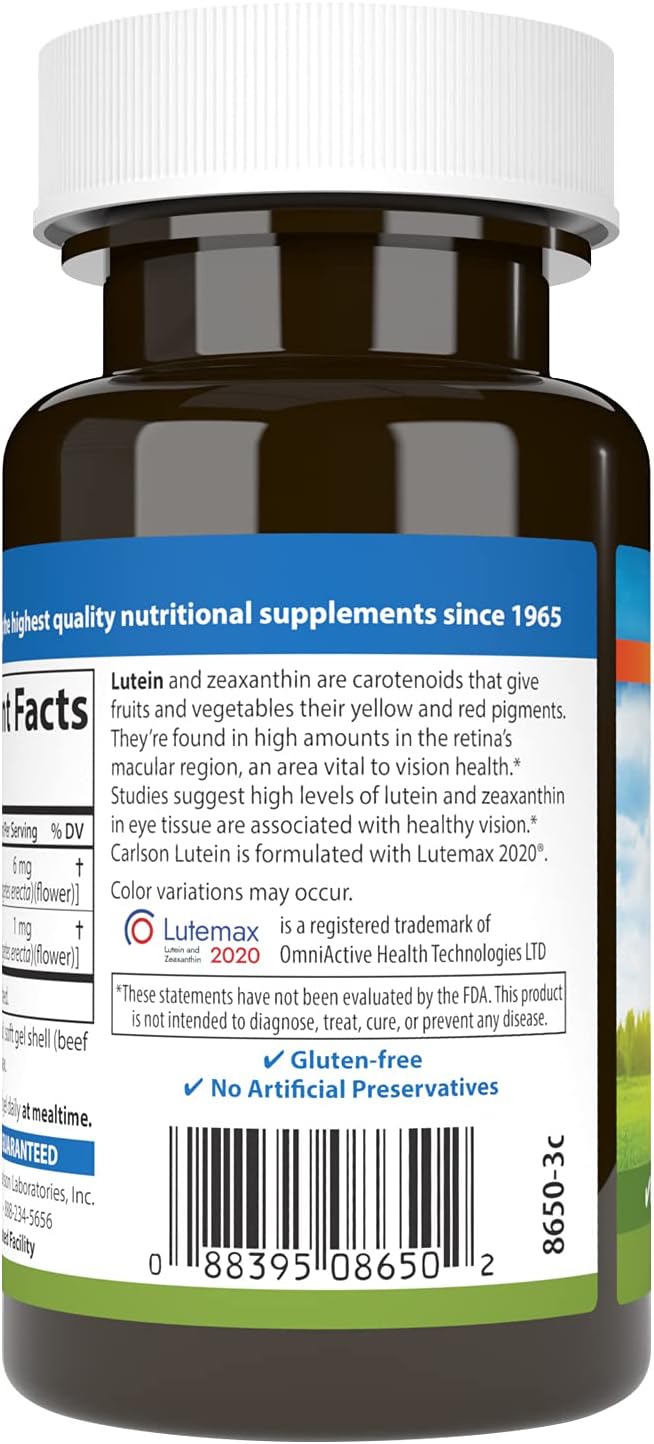 Carlson - Lutein, 6 mg, Healthy Vision & Eye Function, Antioxidant, 60 Softgels