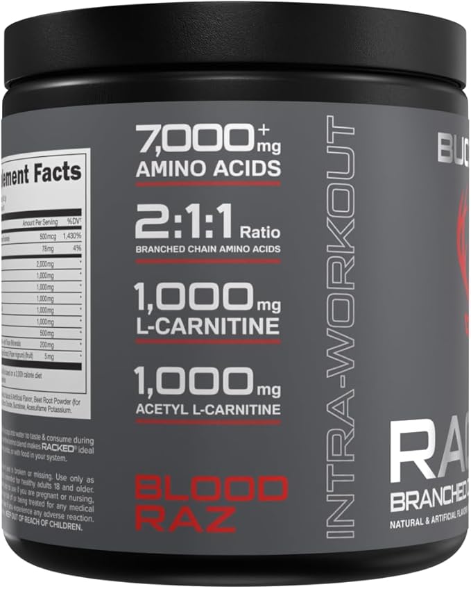 Bucked Up- BCAA RACKED™ Branch Chained Amino Acids | L-Carnitine, Acetyl L-Carnitine, GBB | Post Workout Recovery, Protein Synthesis, Lean Muscle BCAAs That You Can Feel! 30 Servings (Blood Raz)