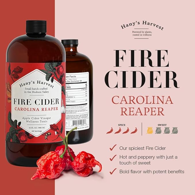 Hany's Harvest Carolina Reaper Fire Cider – 32 fl oz Glass Bottle | All-Natural, Small-Batch, Handcrafted, Non-GMO, Gluten-Free, Immune & Digestive Support
