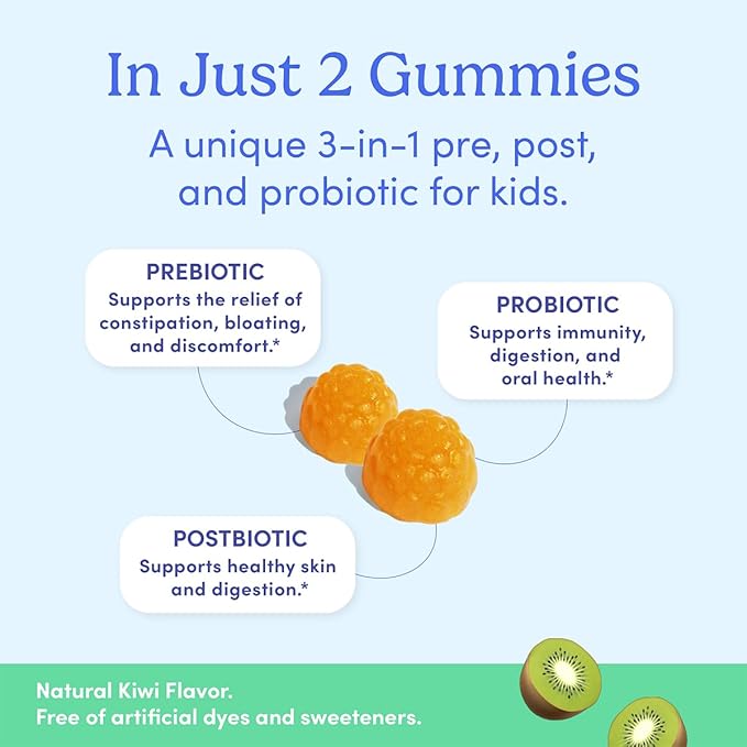 FIRST DAY Kids Probiotic Gummies - 3 in 1 Probiotics for Kids + Prebiotic & Postbiotic - Prebiotics & Probiotics for Digestive Health & Immune Support – Vegan, Gluten Free, 30-Day Supply