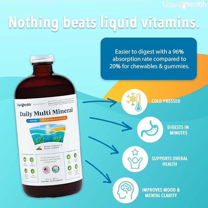 LIQUIDHEALTH Daily Multi Mineral Liquid Supplement with Fulvic Acid, Plant Based Ionic Aquamin Sea Trace Ocean Minerals - Immune Support, Energy, Gut Health, Detox - Vegetarian, Sugar-Free (3 Pack)