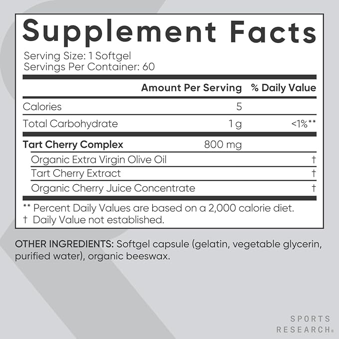 Sports Research Tart Cherry Concentrate - Made from Montmorency Tart Cherries - Non-GMO & Gluten Free (60 Liquid Softgels)