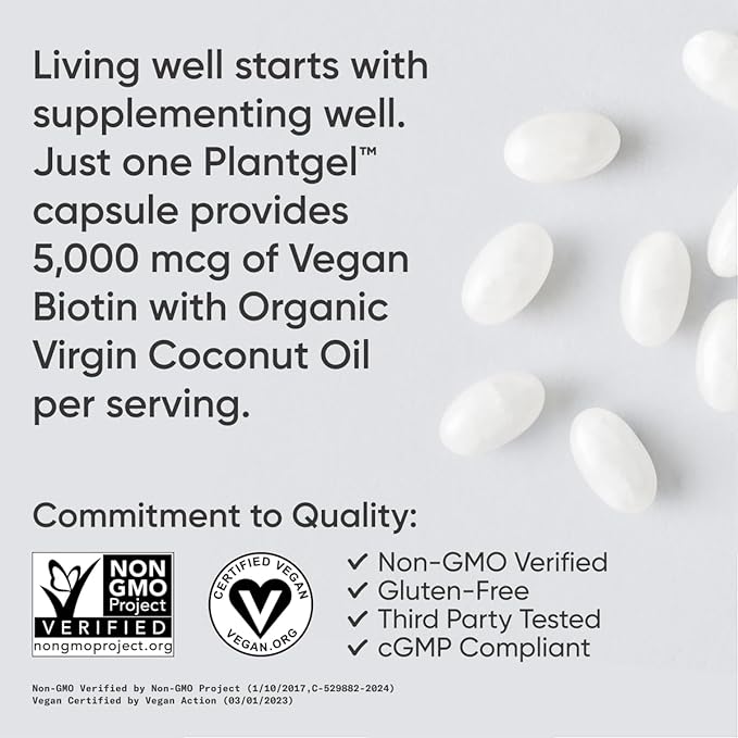 Sports Research Vegan Biotin 5000mcg with Organic Coconut Oil | Extra Strength Biotin Vitamin B7 Supplement for Hair & Skin Support | Non-GMO Verified, Soy Free, Gluten Free - 30 Softgels