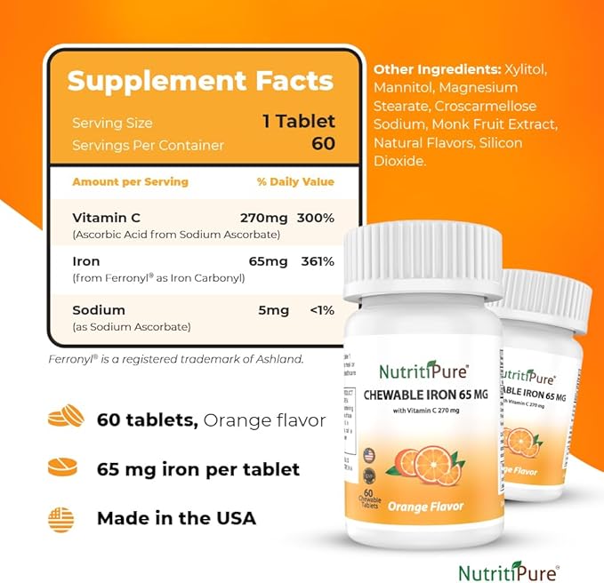 Chewable Iron 65 mg with Vitamin C 270 mg - Tablet in Orange Flavor 60 Count (2)
