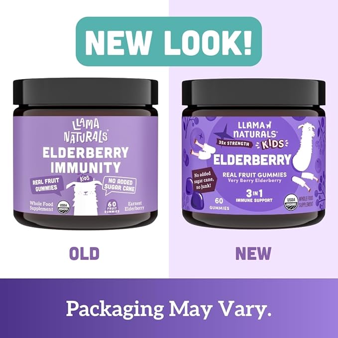 Llama Naturals Elderberry Gummies for Kids, Vegan, Organic Immune Support Supplement with Vitamin C and Zinc, Toddler Real Fruit Gummy Vitamins for Immunity, Chewable, No Added Sugar Cane, 120 Ct